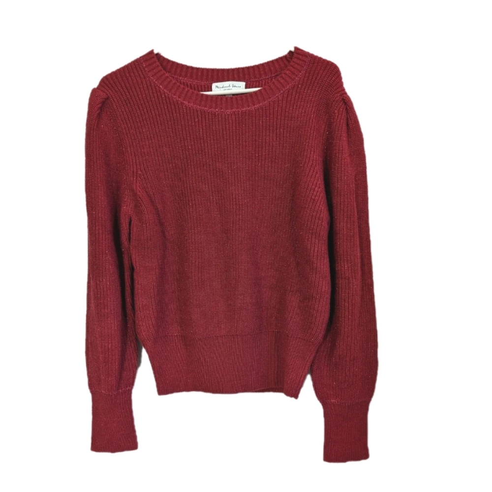 Michael Stars Women Red Sweater Medium Women Puff Sleeve Top Metallic Knit
